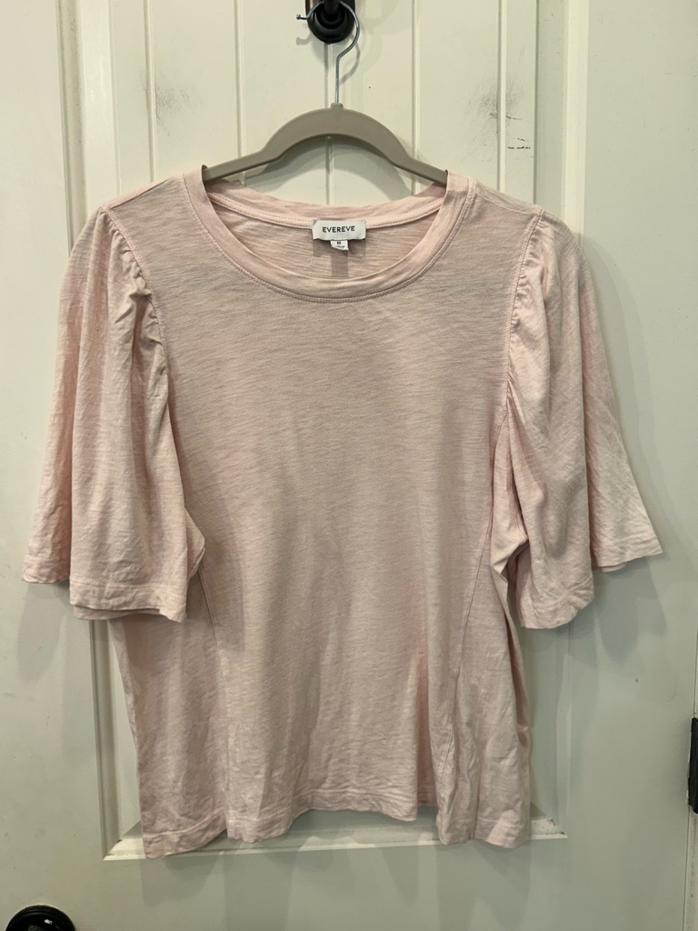 EVEREVE Light Pink Slub Knit Puff Sleeve Tee Top M Romantic